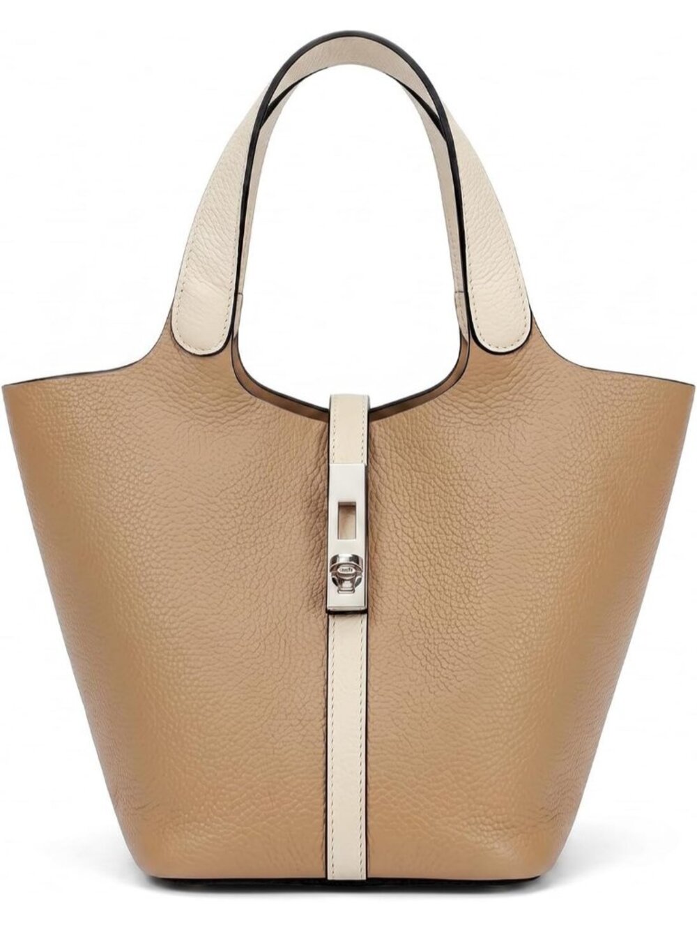 Women's Tan Vegan Leather Satchel Tote Handle Lock Design Bucket Purse